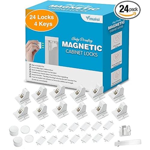 Vmaisi Adhesive Magnetic Locks for Cabinets & Drawers (24 Pack and 4 Keys + Cradle)