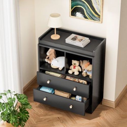 Changing Table With Pad, Modern Changing Station With 2 Drawers and 2 Open Compartments