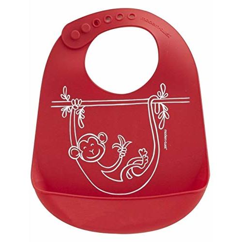 Modern Twist Bucket-Bib 100% Food-Grade Silicone, Waterproof and Reusable, Monkey Business – Red