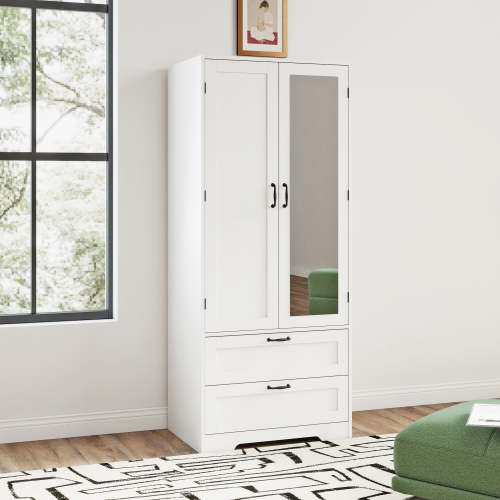 65.3" Modern Armoire Wardrobe Closet with Mirror, 2-Door Tall Wardrobe Closet with Sliding Doors 2 Large Drawers Hanging Rod Anti-Tip Kit Freestanding Closets for Bedroom, Apartment, Cloak Room