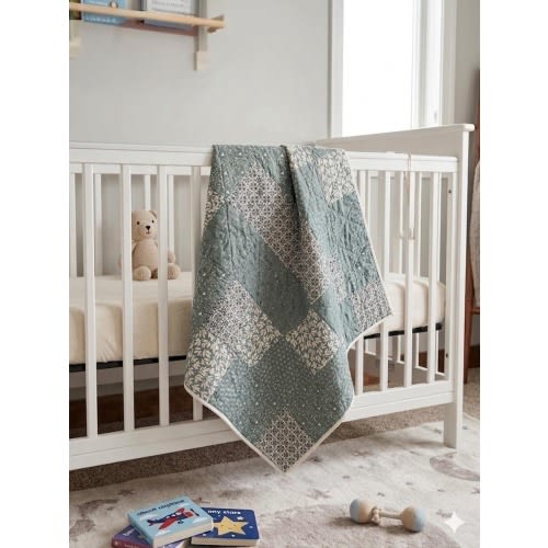 Handmade Gender Neutral Baby Quilt – Dusty Blue & Cream | Neutral Nursery Bedding