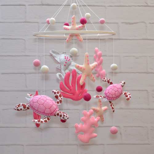 Handmade Pink Sea Turtle Mobile - Under the Sea Nursery Decor - Girl’s Ocean Theme Crib Mobile - Felt Starfish and Marine Life