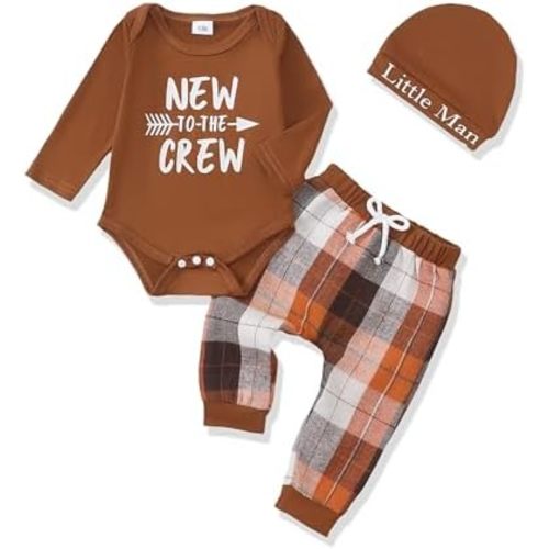 Renotemy Newborn Baby Boy Fall Clothes, Long Sleeve Letter Printed Rompers Plaid Pants Hat Outfits Clothing Set 0-18 Months