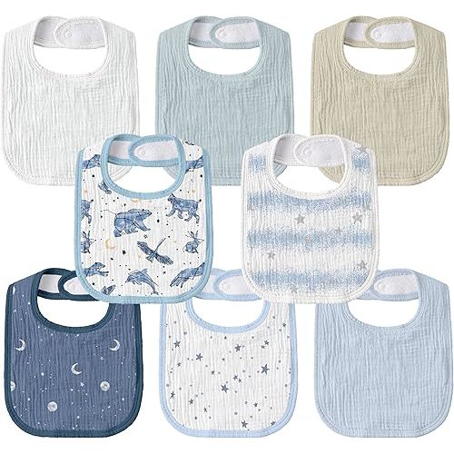 GLLQUEN BABY Muslin Drool Bibs for Boys Girls 8 Pack, Adjustable Baby Bibs for Drooling and Teething, Soft Cotton Baby Bandana Bib for Newborn Feeding Essentials (Star)