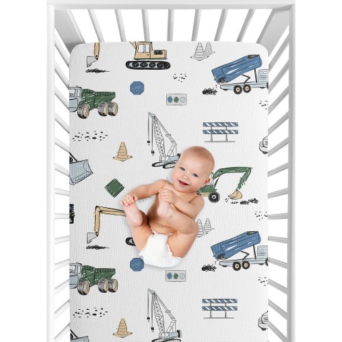 Sweet Jojo Designs Green Blue Construction Truck Boy Muslin 100% Cotton Fitted Crib Sheet - Transportation Vehicles Bulldozer