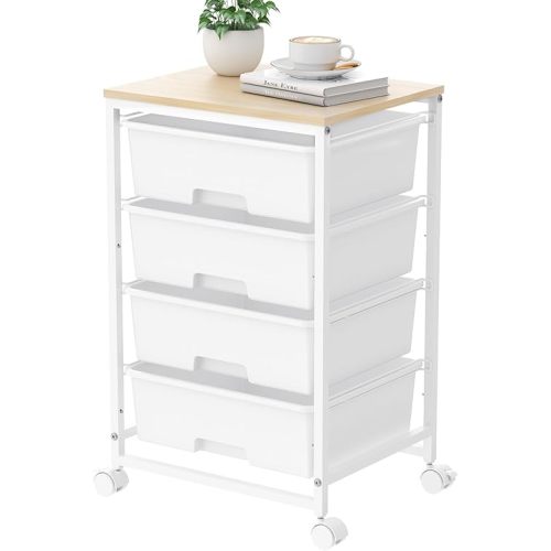 Utility Cart with 4 Drawers, Multipurpose Rolling Storage Cart with 4 Drawers and 2 Lockable Wheels, 4-Tier Rolling Storage Cart Organizer for Home Office Dorm, Bright White