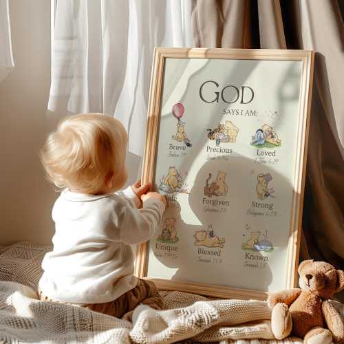 Classic Winnie the Pooh Wall Art, God Says I AM Biblical Affirmations, Christian Nursery Decor