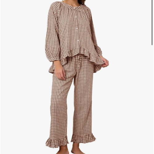 Flygo Womens Plaid Pajamas Sets 2 Piece Cotton Pj Set Puff Sleeve Ruffle Babydoll Shirt Gingham Pants Lounge Sets