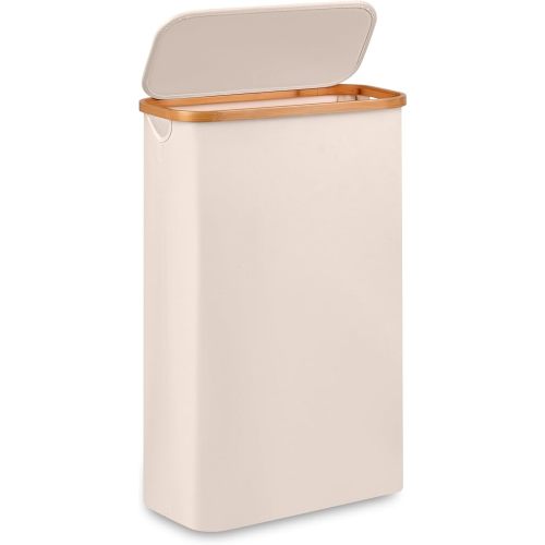 Slim Laundry Basket,Tall laundry Hamper with Lid,60L Hamper for Laundry,Dirty Cloth Hamper with Bamboo Handle for Toys,Towels, Clothes Organizing,Beige