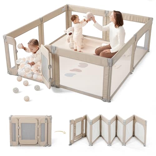 Sweeby Foldable Baby Playpen, 71x59 Playpens for Babies and Toddlers Large Play Yard with Door Baby Fence with Gate and Indoor & Outdoor Play Pen, Light Khaki