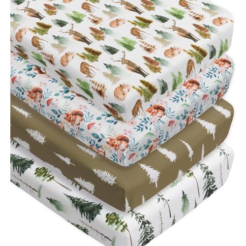 4 Pack Woodland Forest Animals Wood Neutral Unisex Fitted Baby Crib Sheets Set for Baby Boys or Girls (Cartoon Beer, 52 * 28)