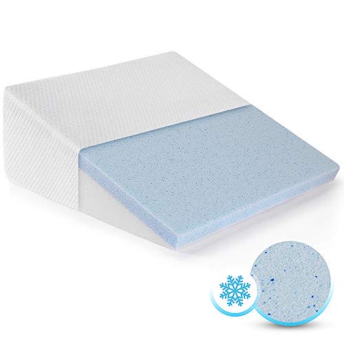 Healthex Bed Wedge Pillow Cooling Gel Memory Foam Top – Elevated Support Cushion for Lower Back Pain, Acid Reflux, Heartburn, Allergies, Snoring – Ultra Soft Removable Cover – 10 inch Wedge