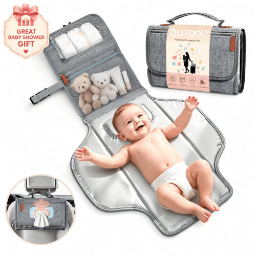 QUTOOL Portable Diaper Changing Pad, Waterproof Travel Baby Changing Kit with Wipes Pocket,Foldable,Gray