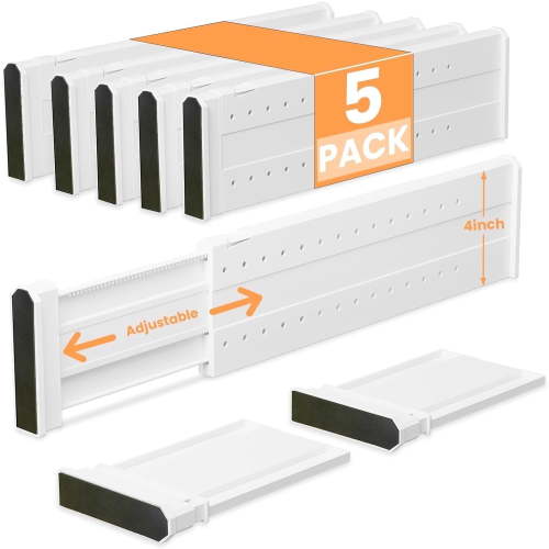 LLMRR 5 Pack Drawer Divider, 4" High, 11-17" Adjustable Drawer Dividers, Non-Slip Expandable Dresser Organizer for Baby Clothes, Bathroom, Bedroom, Kitchen and Office Storage, 5 Pack