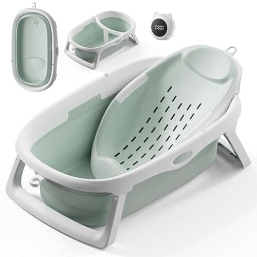 CheerTry 4-in-1 Collapsible Baby Bathtub for Newborn & Toddler 0-24M | (Green) Infant Baby Tub with Adjustable Bath Sling, T-Shaped Support & Water Thermometer, Baby Bath Tub for Baby Shower