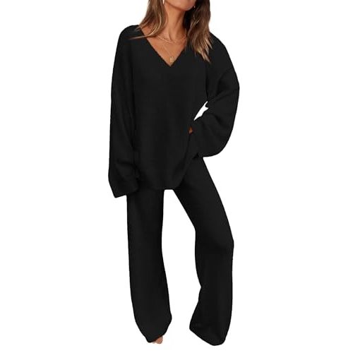 PRETTYGARDEN Lounge Sets for Women 2 Piece Pajama Set | Fuzzy Chunky Knit Sweater Outfits, Fall Winter Cozy Matching PJs, Long Sleeve V Neck Pullover & Wide Leg Pants, Comfy Clothes
