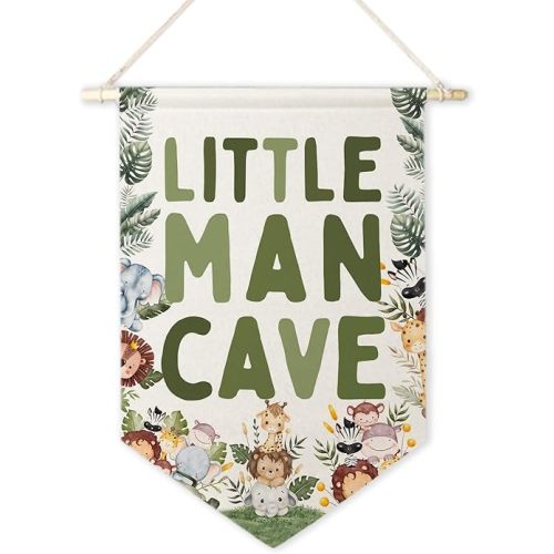 ArtisaEura Little Man Cave Wall Canvas Banners, Safari Nursery Decor, Woodland Animal Hanging Display Pennant Banner Flags, Animals Nursery Wall Decor for Kids Boys Room Bedroom Playroom
