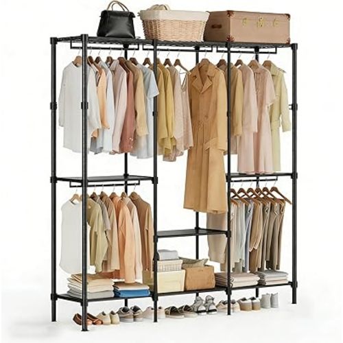 Simple Deluxe Rolling Clothes Rack, Heavy Duty Clothing Rack, 4-Shelf Portable Adjustable Wardrobe Closet with Wheels, Hanging Rods, 74.2" W x 15.5" D x 77.1" H, Black