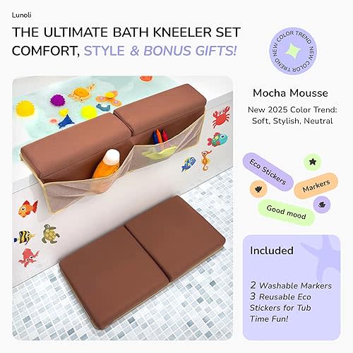 Baby Bath Kneeler and Elbow Rest Pad Set – 1.8″ Thick 2025 Color of the Year Mocha Mousse Memory Foam Kneeling Pad & Elbow Cushion with 6 Suction Cups, 4 Mesh Pockets, Waterproof & Machine Washable