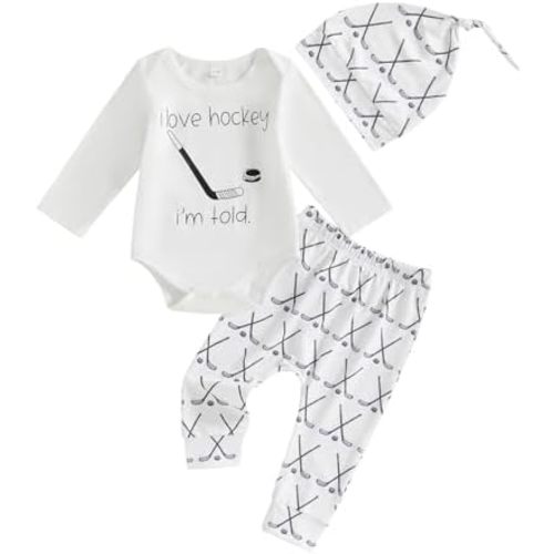 Newborn Fall Winter Outfit Funny Letters Print Baby Onesie and Pants Hat Set Cute Hockey Outfit Baby Boy 0-18M