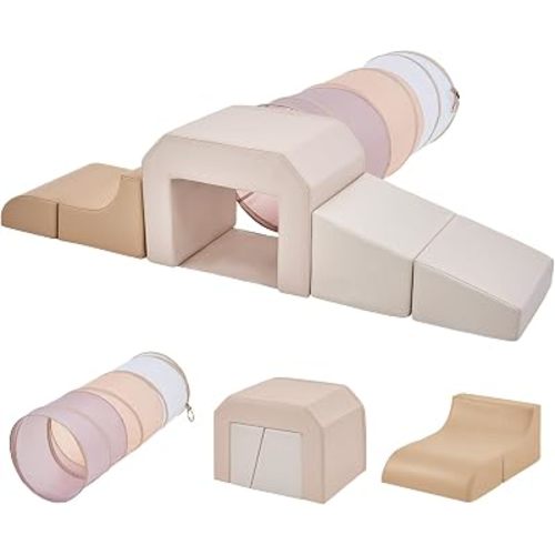JungleDove PU Leather Foam Climbing Blocks: with Toddler Crawl Tunnel Toy