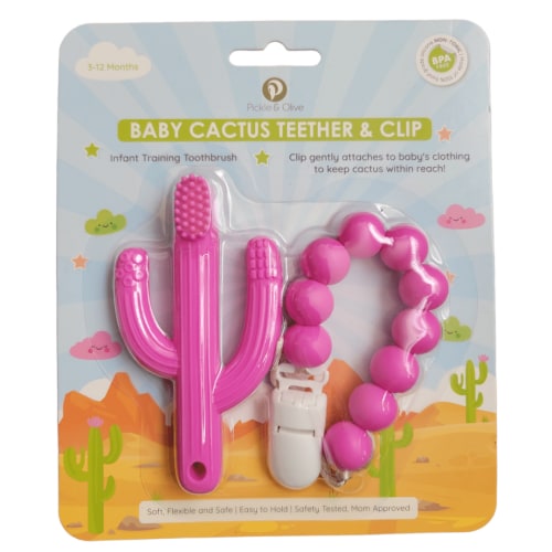 Baby Cactus Teether Toy, Infant Teething Toothbrush, with Matching Pacifier Clip, for Baby Girls, Pink, by Pickle & Olive
