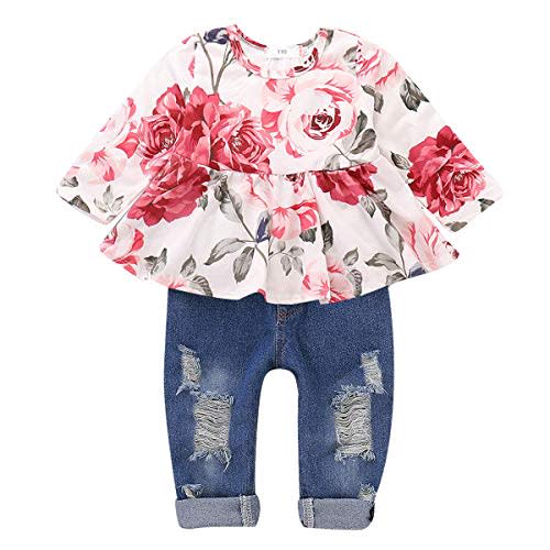 CARETOO Girls Clothes Outfits Cute Baby Girl Floral Long Sleeve Pant Set Flower Ruffle Top