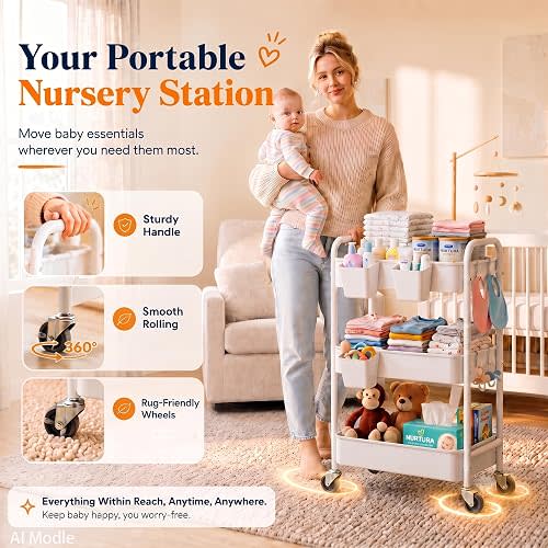 3 Tier Rolling Cart Metal with Wheels, White Three Tiered Carts on Wheels