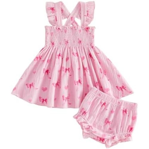 PUHHAPIEY Toddler Baby Girl Summer Outfit Clothes Bow Embroidery Striped Sleeveless Tops Vest Dress Bloomers Shorts Set