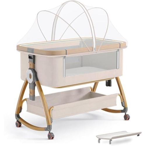 bonbay Baby Bassinet, Bedside Bassinet for Baby, 4 in 1 Portable Bassinet Bedside Sleeper with Wheels Mosquito Net & Storage Basket, 6 Height Adjustable Rocking Bassinet for Newborn Baby