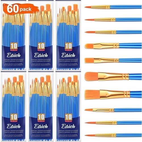 ESRICH Paint Brush Set,6 Packs 60 Pcs Nylon Hair Paint Brushes for Acrylic Painting,Artist Paintbrushes for Acrylic,Oil,Watercolor Painting,Face Nail Art,Paint Brushes for Kids,Blue