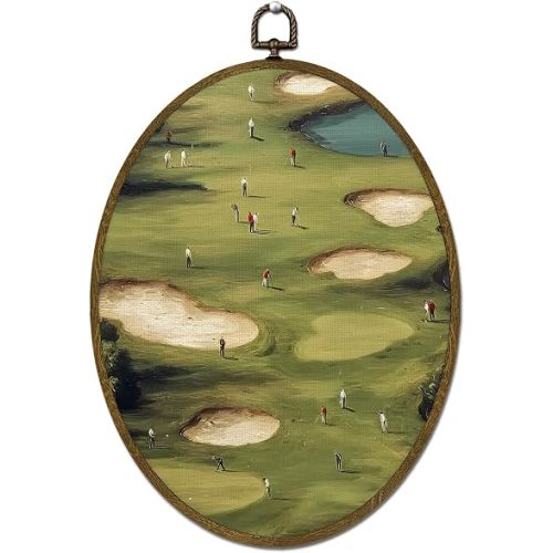 LLOKARNORA Vintage Tiny Golfers Oval Canvas Wall Art, Abstract Green Golf Course Framed Wall Art Decor, Minimalist Golfer Prints Hanging Decor for Home Bedroom Living Room, 8.7x11.3 Inch