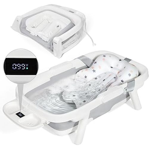 Orzbow Collapsible Baby Bathtub, Large Baby Bath Tub for Newborn with Soft Cushion & Thermometer, Travel Portable Baby Tubs for Infants to Toddler 0-36 Months, Gray