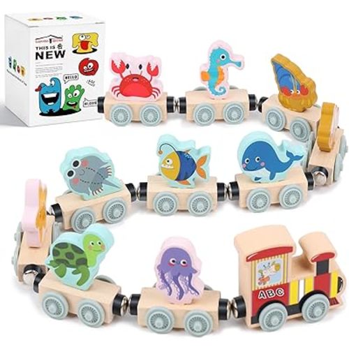 LovesTown Magnetic Wooden Sea Animal Train Set, Montessori Ocean Animal Toys for Kids, Educational Preschool Learning Activities, Toddler Birthday Gifts, 11 PCS