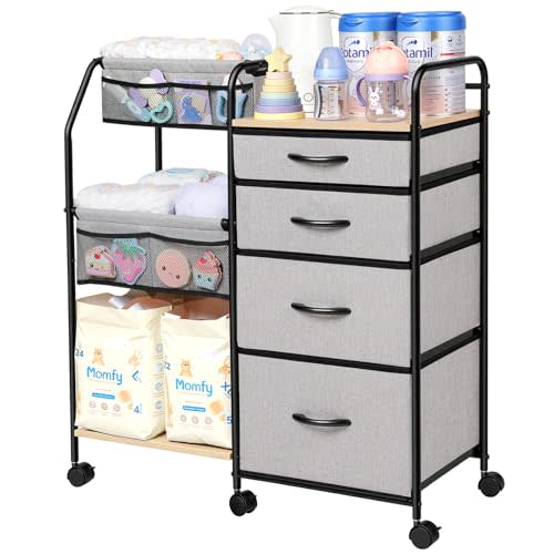 Fabuday Baby Diaper Caddy Organizer Cart - 4 Tier Rolling Diaper Cart with Wheels, Baby Essentials Organizers and Storage, Mobile Utility Carts for Bedside, Crib Nursury, Bedroom, Changing Table