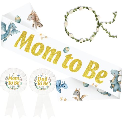 Dragon Mom to Be Sash Dad to Be Pin and Flower Crown Headband Dragon Hatching Soon for Baby Shower Party Gender Reveals Party Favors Decorations for Pregnancy Props Keepsake