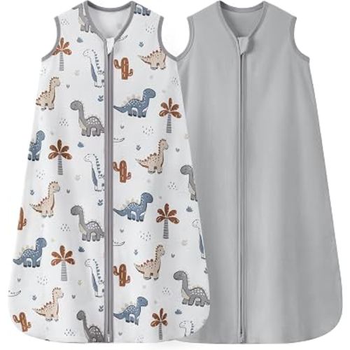 Nyessmee Baby Sleep Sack 0-6 Months 0.5 TOG, 100% Cotton Baby Wearable Blanket 2 Pack with 2-Way Zipper, Lightweight Sleep Bag for Boys & Girls Newborn Infant Breathable Sleeing Sack Grey Dinosaur