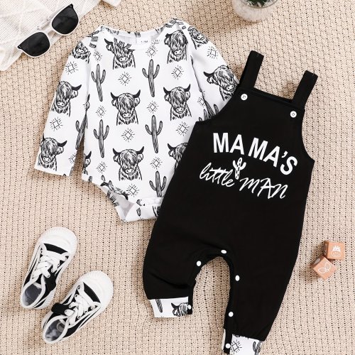 Children's Boys and Girls Newborn Baby Boys and Girls Cute and Comfortable Full-Print Cactus Cow Print Long-Sleeved Ha Clothes & MAMA, S little man Letter Print Diaper Pants 2pcs Gift Box Set