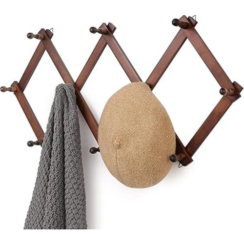 Wall Rack with 10 Hooks, Wooden Wall Expandable Coat Rack for Coat, Hats, Baseball Caps, Coffee Mug, Jewelry(Brown)