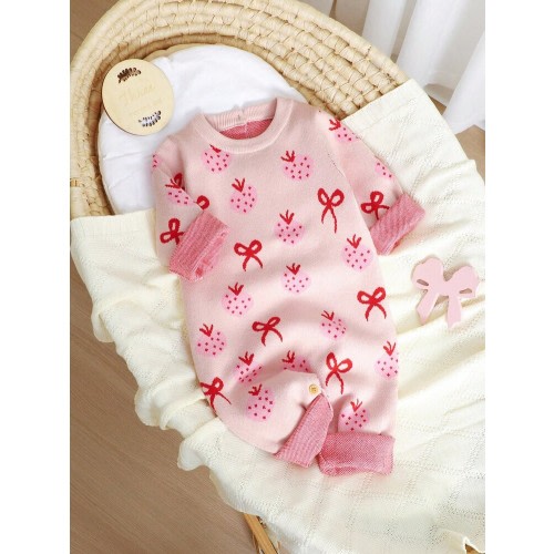 SHEIN 1pc Infant/Toddler Pink Sweater Romper, Fashionable & Sweet Floral Decor, Round Neck Long Sleeve Footed Jumpsuit Newborn Girl Winter Clothes Soft Baby Girl Outfit Strawberry Print Baby Romper Pink Baby Clothes Pink Bow Baby Outfit Pink Infant Clothe