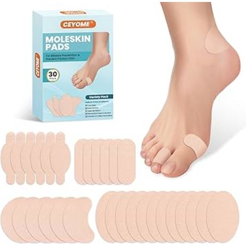 Moleskin Adhesive Pads & Blister Bandages for Feet - 30ct Moleskin Padding for Feet, Shoes, Toes, Heel - Blister Prevention Tape Patch for Walking, Running & Sports - Variety Pack