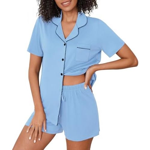 Ekouaer Pajama Set Women Classic Loose Short Sleeve Button Down Pjs Set Soft Sleepwear Loungewear with Pockets