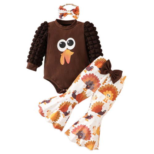 Odeerbi Infant Girls Outfits Baby Layette Set Thanksgiving Turkey Print Romper Jumpsuit Long Sleeve Onesie Bodysuit Set Flared Pants Set Brown