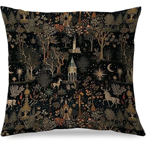 Dark Gothic Botanical Enchanted Forest Castle Throw Pillow Covers 18x18, Whimsical Medieval Witchy Celestial Forest Horse Pillow Cases for Home Kids Room Nursery, Dark Cottagecore Room Decor