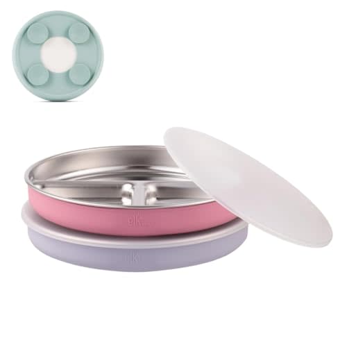 Elk and Friends Stainless Steel Divided Plates with Silicone Sleeve for Babies & Toddlers | Lids Included | Stay Put Suction | Dinner & Snack Plates | 2 Pack