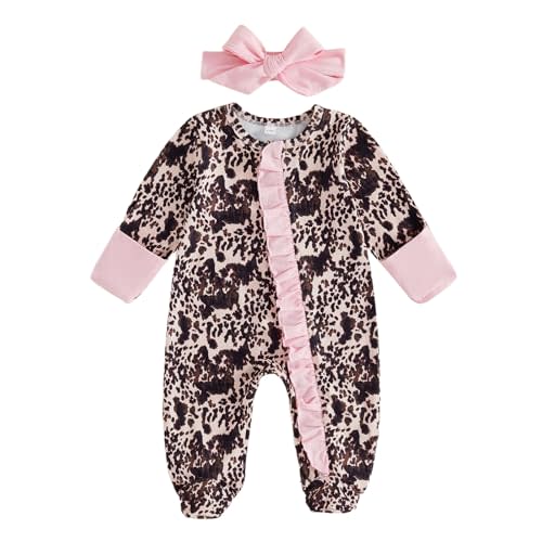 Kupretty Newborn Baby Girl Footies Ruffle Zipper Footed Romper | Coming Home Outfit, Long Sleeve Footed Jumpsuit, Western Flower Bow Print Ruffled Zip Up Front, Going Home Hospital Outfit