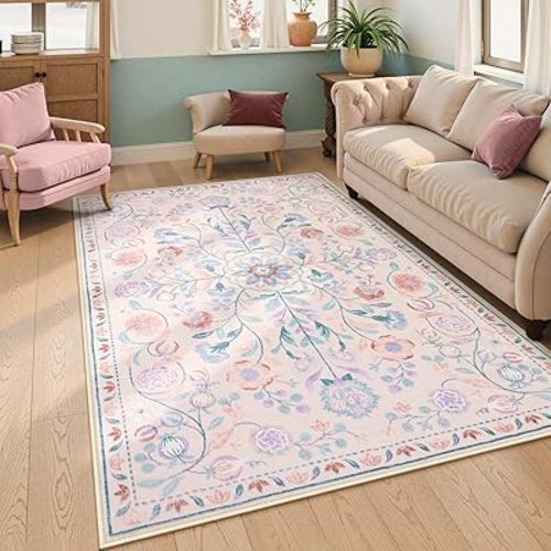 Anidaroel 5x7 Washable Pink Floral Rugs for Bedroom Girls, Soft Boho Nursery Rugs for Kids Playroom Dorm, Large Area Rugs for Living Room, Non Slip Low Pile Indoor Carpet for Bedside Girls Room
