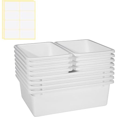Zonon 12 Pcs Plastic Cubby Bins Office Storage Container Storage Bins Plastic Organization with 1 Pack Self Adhesive Label for Library Office Home Nursery(White)