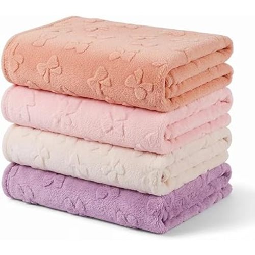 Tigeen 4 Pcs 3D Bow Baby Blankets, Cozy Fleece Coquette Blanket for Girls, Soft Fluffy Receiving Blankets for Newborn Toddler Gift Nursery & Stroller Decor, 32 x 24 Inch Purple Nude Pink White