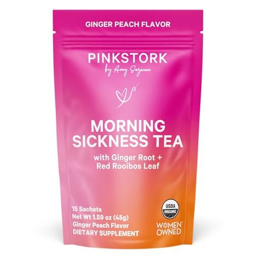 Pink Stork Organic Morning Sickness Pregnancy Tea, Ginger Peach, 15 Sachets | Hot or Iced Tea | Prenatal Heartburn, Indigestion, and Constipation Support | 1st Trimester Pregnancy Essentials